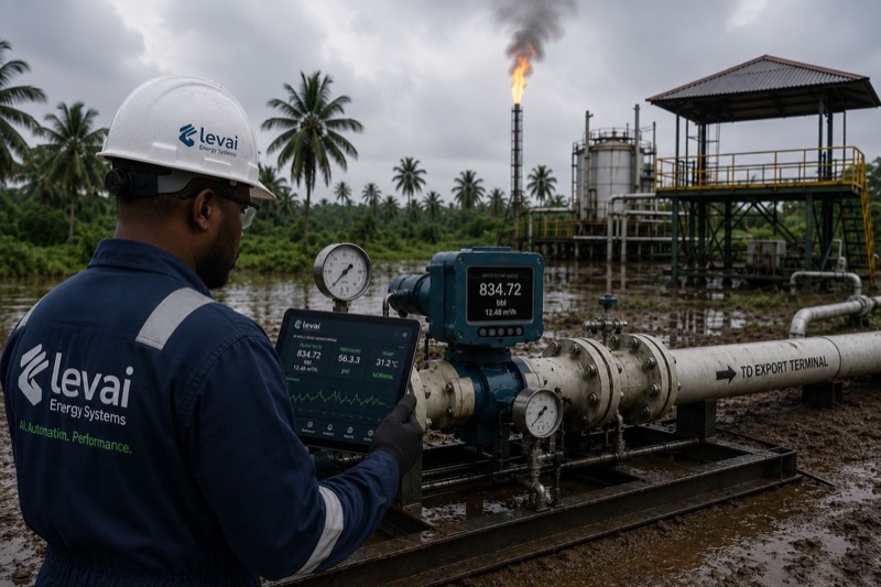 Field engineer monitoring wellhead flow, palm trees and export terminal piping