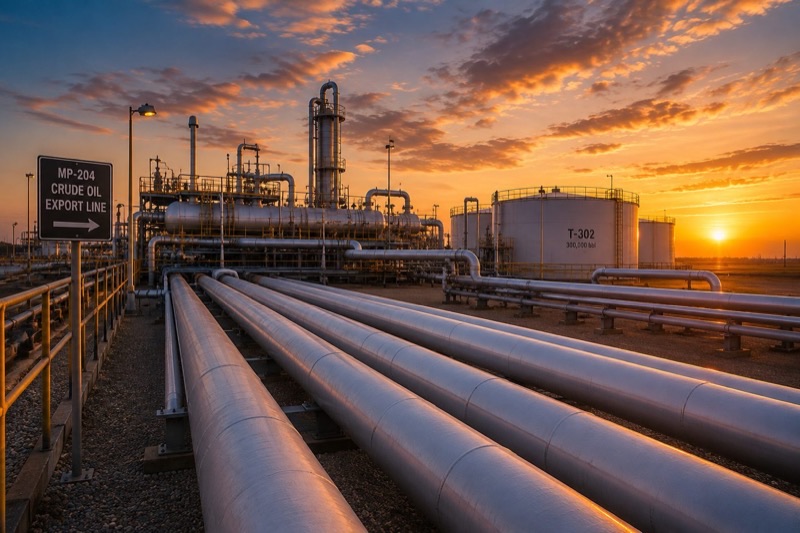 Crude oil export pipeline and storage terminal at sunset
