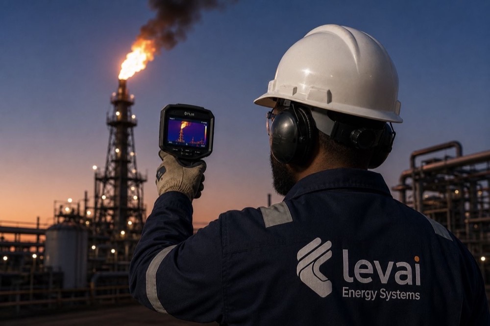 Field engineer using a FLIR thermal camera to inspect a flare stack at dusk