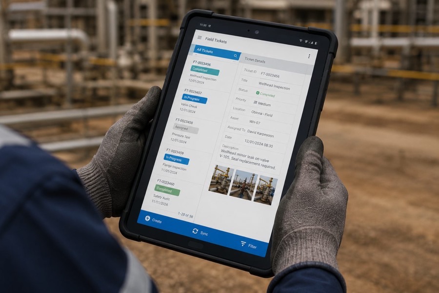 Field ticket application on a rugged tablet showing wellhead inspection status