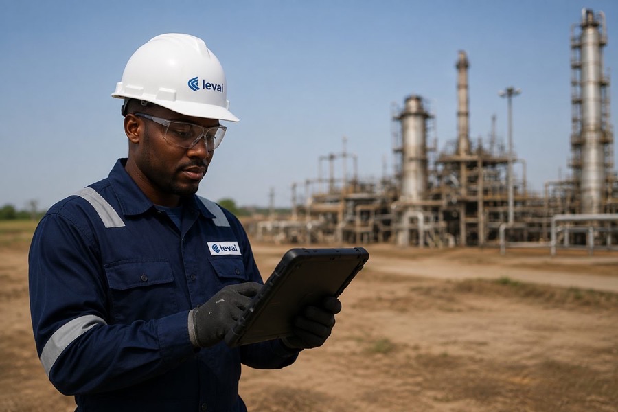 Levai field engineer reviewing data on a tablet at a processing facility