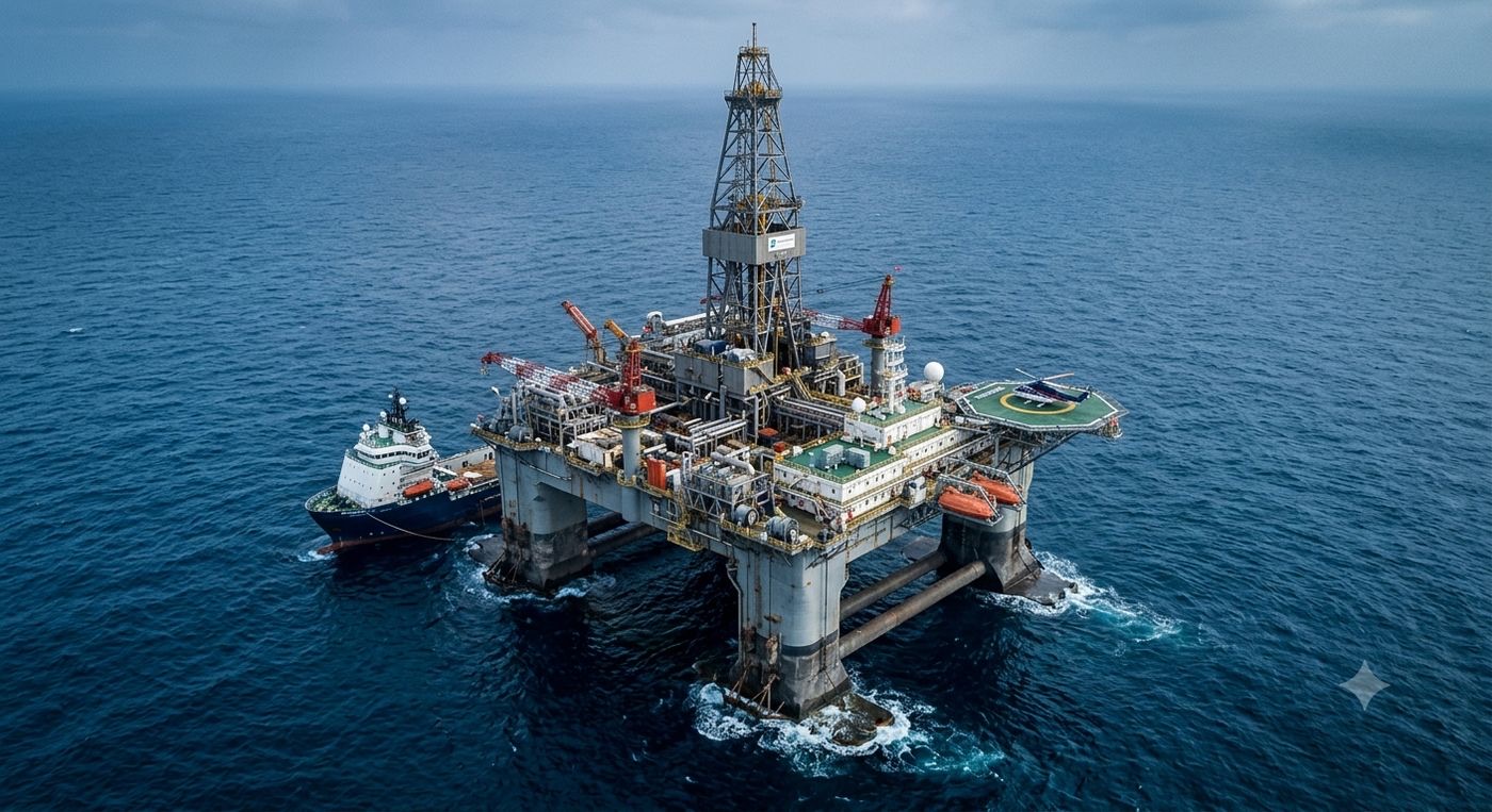 Offshore semi submersible rig with support vessel, West African waters