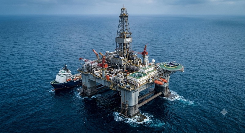 Offshore semi submersible rig with support vessel, West African waters