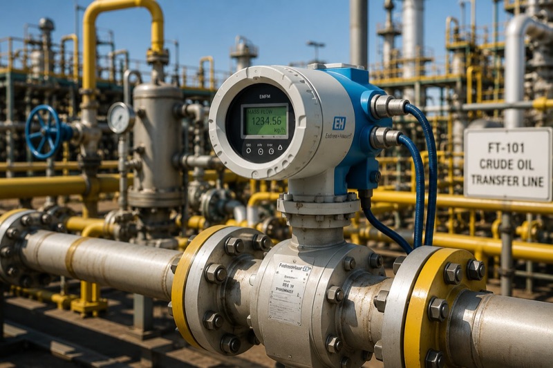 Crude oil transfer line mass flow meter used for hydrocarbon accounting