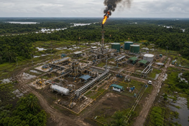 Aerial view of a Niger Delta upstream production facility with active flare
