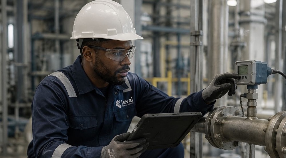 Field engineer capturing facility instrumentation data on a tablet